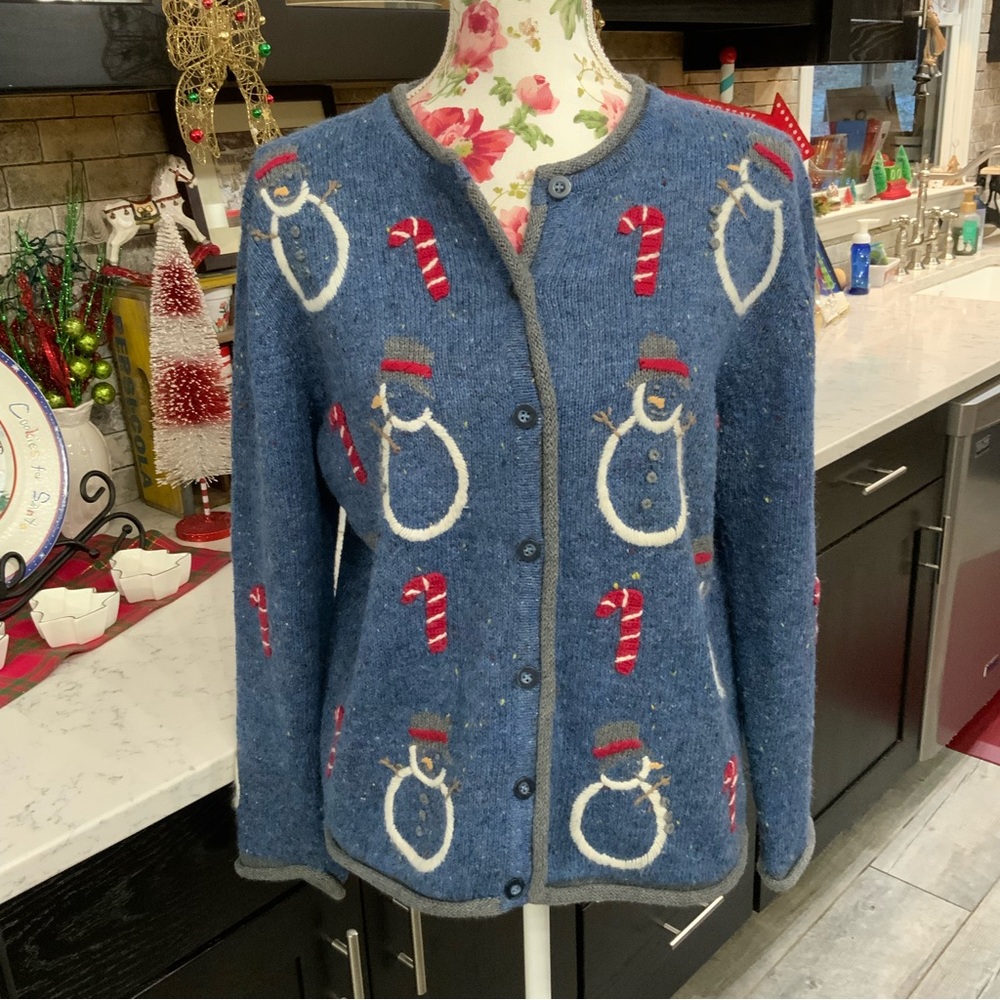 Christopher & Banks Hand Embroidered Christmas Cardigan Sweater Snowman 
Medium